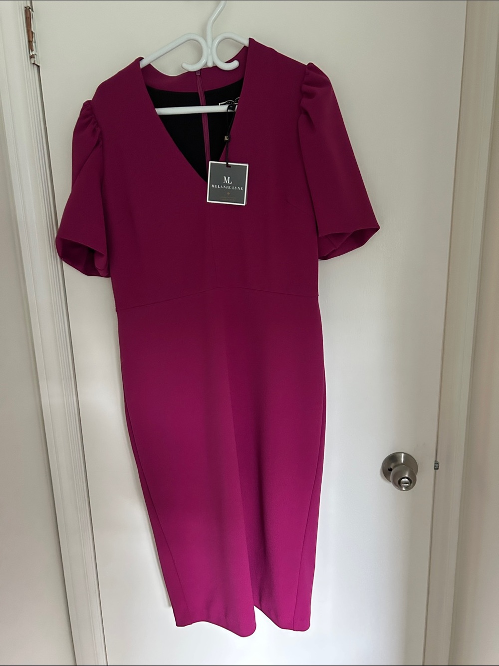Melissa Magenta V-Neck Midi Dress with Short Puff Sleeves